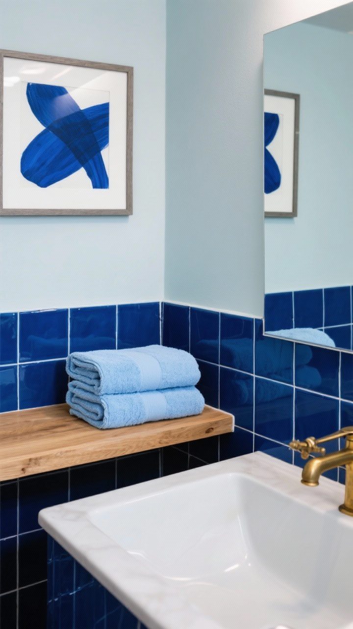 Detail shot focusing on mixing blues without clashing: a navy vanity corner beside glossy powder-blue tile, a folded set of powder-blue towels on a natural wood shelf, and an indigo abstract art piece in a simple frame; varied textures (matte paint, glossy tile, soft linen) with a bridge color provided by warm brass hardware; balanced, collected feel.