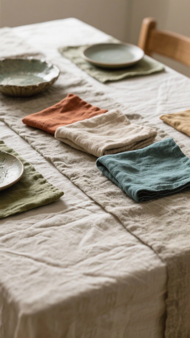 Detail tabletop shot: Layered table textiles—stonewashed linen tablecloth with visible wrinkles, a textured runner centered, and mismatched cloth napkins in a shared muted palette (olive, rust, sand, teal); organic ceramic plates peeking through; soft morning light enhancing fabric weave and casual elegance.