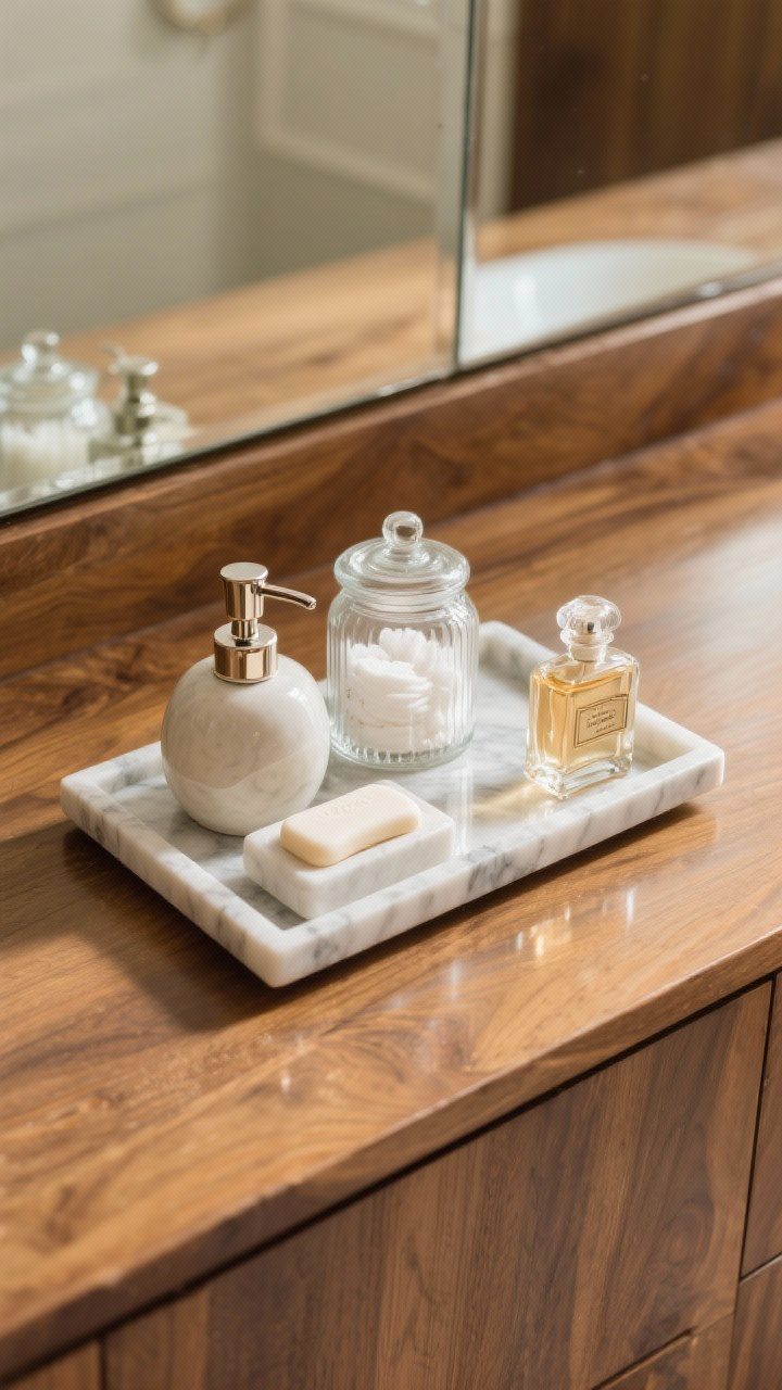 Medium overhead shot of a curated vanity tray: marble tray holding ceramic soap dispenser, clear apothecary jars with cotton rounds and bath salts, and a single vintage perfume bottle; warm wood vanity top, subtle reflections in glass; soft, flattering light; label-free, tidy styling; no people.