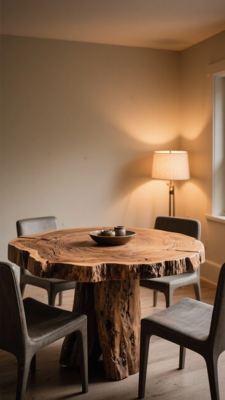 Medium shot: A dining table with soul—reclaimed wood live-edge round table as the focal point, visible grain and natural oil finish, paired with more modern chairs for balance; warm neutral backdrop, subtle evening light from a nearby lamp highlighting the wood’s character and texture.