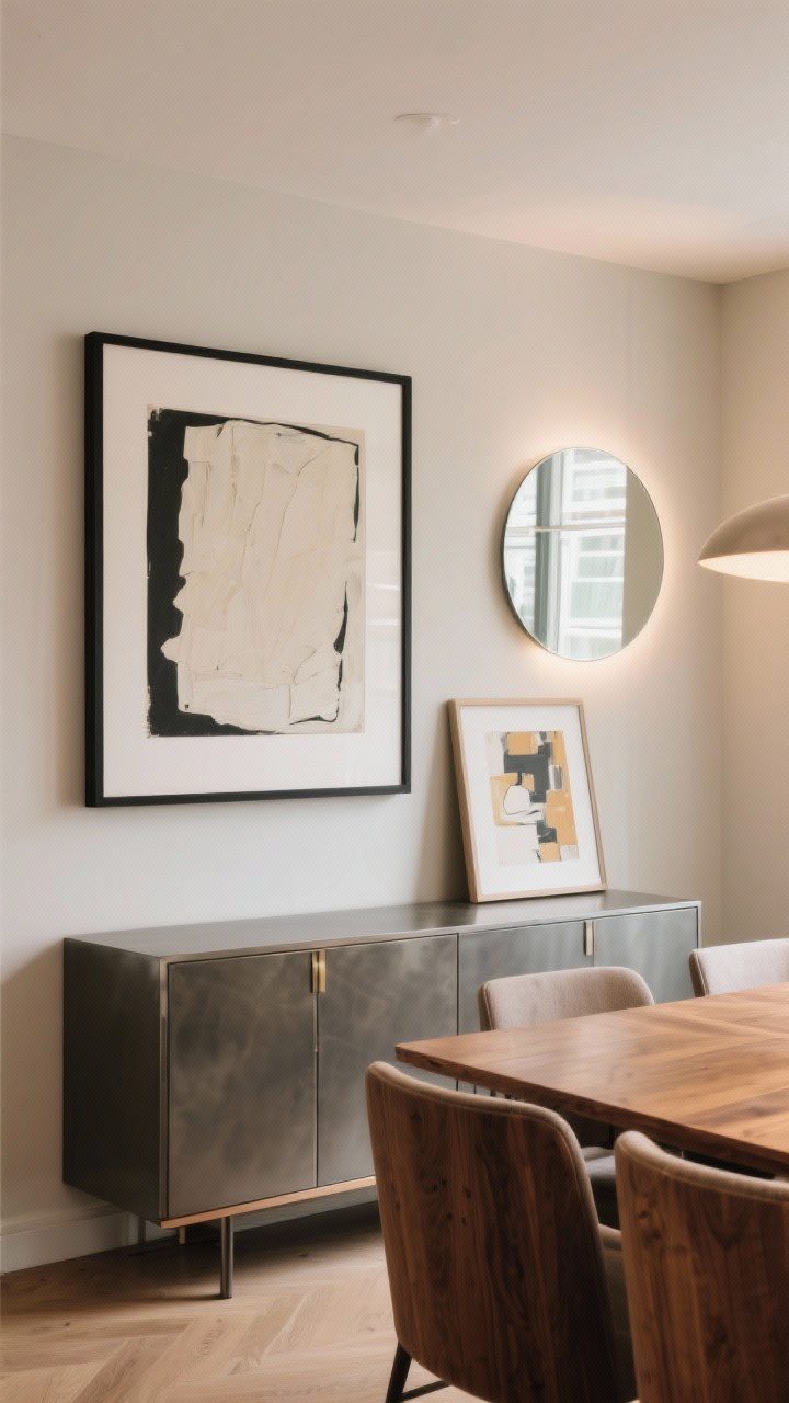 Medium shot: A dining wall featuring one oversized art piece in a simple black frame, paired with a round mirror on an adjacent wall to bounce light; a buffet below with a leaned artwork for layered vibes; neutral room with warm wood and matte metal accents; soft ambient lighting, straight-on shot to emphasize the dramatic scale and clean, consistent framing.