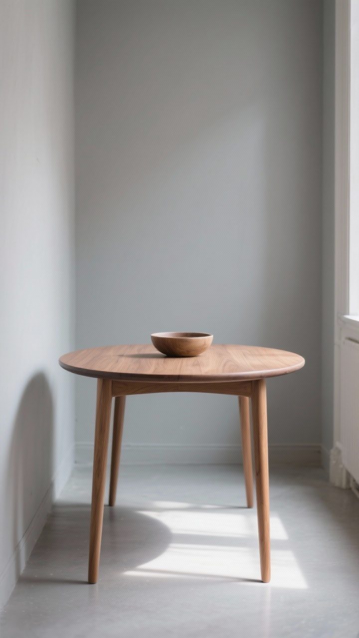 Medium shot: A simple dining table with beautiful lines—oval, solid wood top with gently tapered legs—placed in a narrow room; light gray walls, minimal styling to let the table be the star; a small bowl at center for scale; natural morning light raking across the grain to emphasize craftsmanship; straight-on perspective to celebrate the clean silhouette.