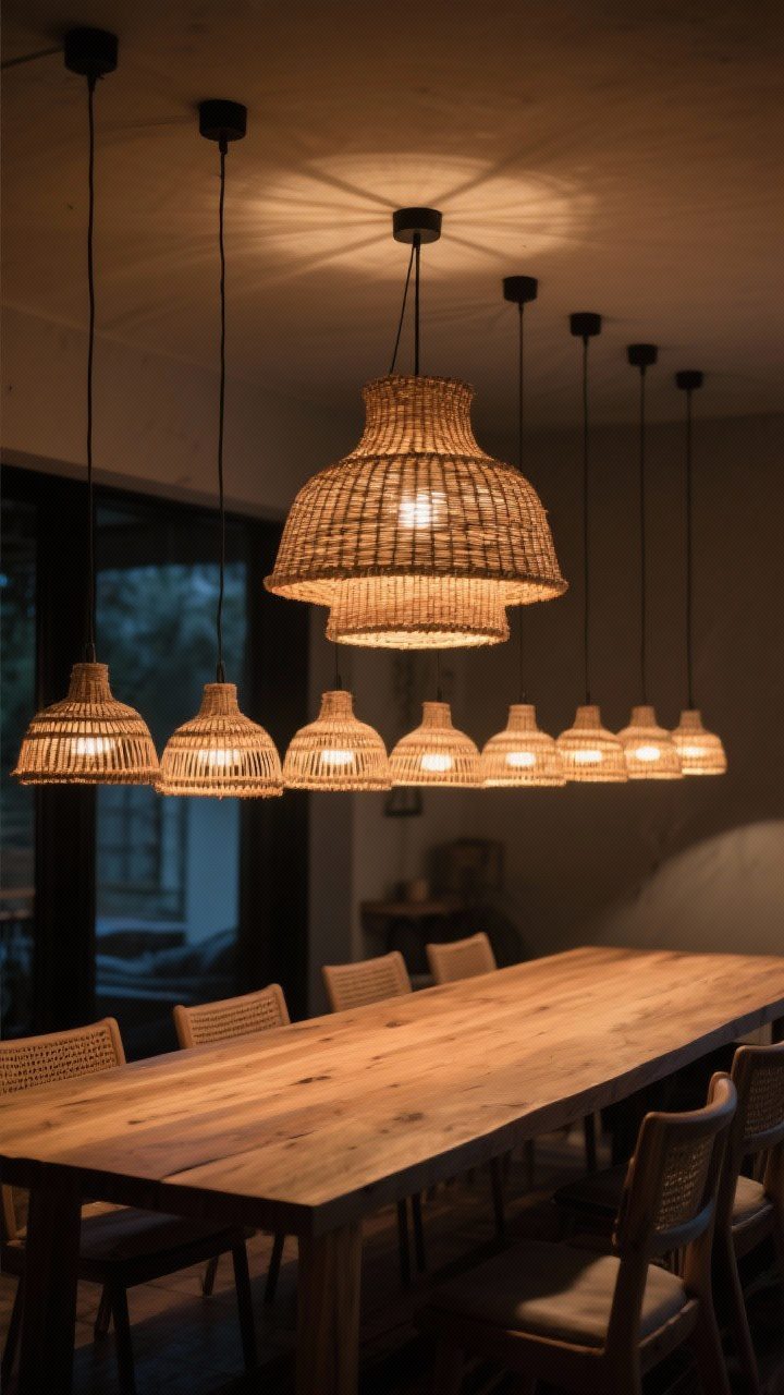 Medium shot, ceiling-focused: Statement natural lighting over a dining table—one large woven rattan pendant hung low (but above eye level) casting a warm halo; for a long table, show a cluster of smaller woven pendants in a linear arrangement; warm LED glow at 2700–3000K illuminating a wood tabletop with gentle shadows, moody evening ambiance.
