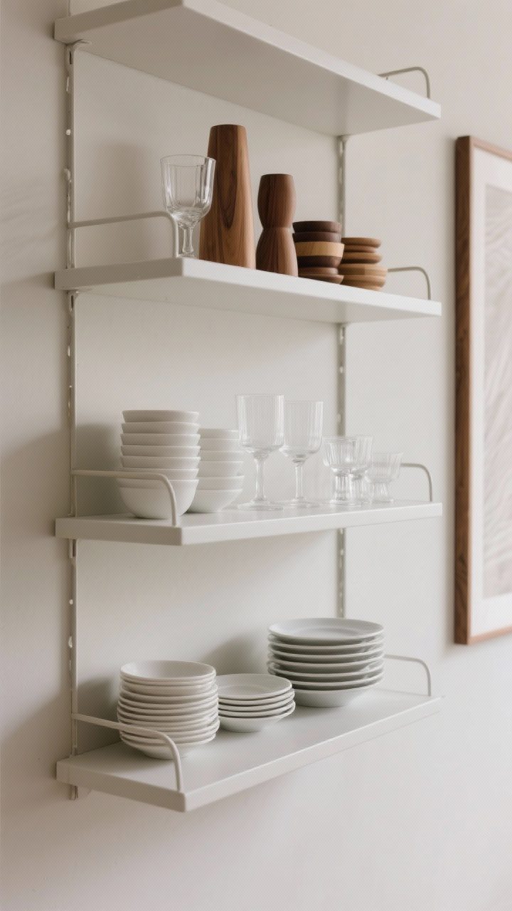 Medium shot: Curated open shelving—only three materials repeated: stacked white ceramic dishes, clear glassware, and warm wood accents; items grouped in odd numbers with varied heights; restrained palette against a neutral wall; side angle focusing on the gallery-like styling and negative space.