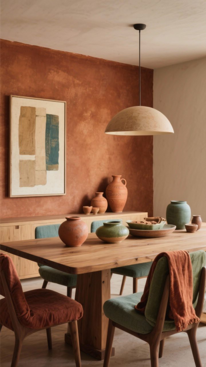 Medium shot: Earthy palette dining scene with a warm clay/burnt sienna accent wall, warm wood dining table and chairs, matte-finish art and pottery in terracotta, sand, olive, and muted teal accents; olive and rust textiles subtly integrated; soft warm ambient lighting to emphasize natural tones, no gloss.