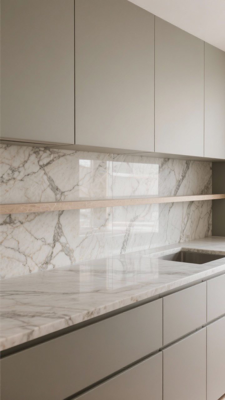 Medium shot: Focus on a single repeated statement material—veined soapstone used for both countertop and full-height slab backsplash, echoed on a floating shelf; paired with flat-front cabinets in muted grey-beige; matte/honed finish reduces reflections; three-quarter angle to showcase continuity of the stone.