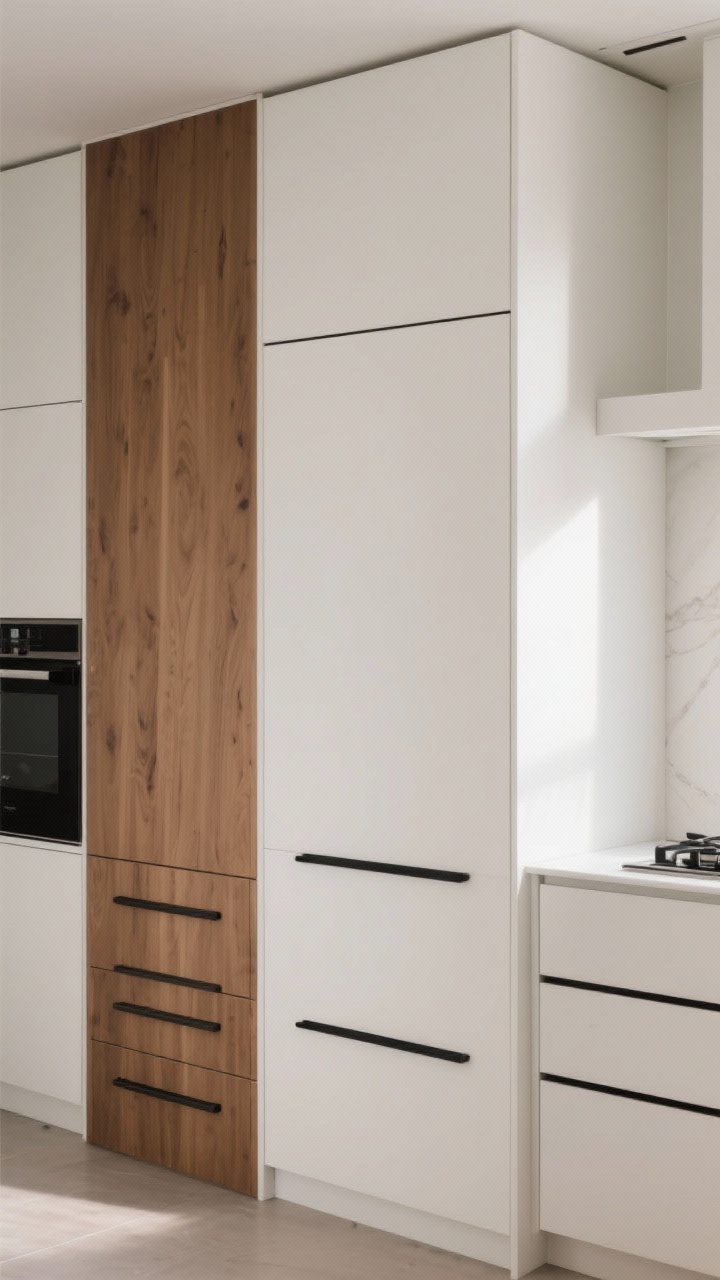Medium shot: Handleless cabinetry with integrated horizontal channel pulls in matte white uppers and warm wood lowers, ultra-slim linear black bar handles on a single tall pantry for contrast, push-to-open drawers by the cooktop; clean lines and consistent hardware across doors and drawers; side-angle perspective with soft natural lighting highlighting the seamless fronts.