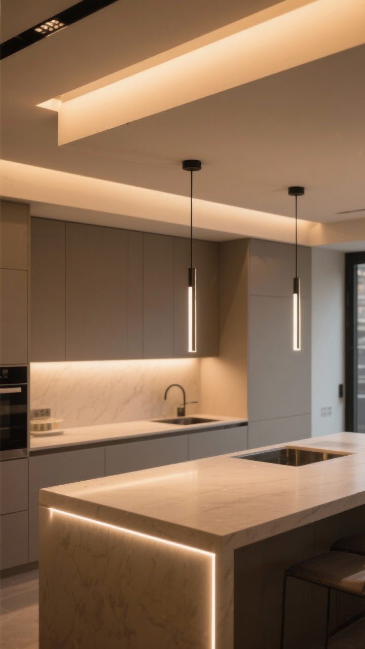 Medium shot: Layered lighting scheme—under-cabinet LED strips casting shadow-free light on the countertop, two slender minimalist pendants over the island, and warm 2700–3000K ambient ceiling lighting; matte surfaces glow softly; angled view emphasizing the warmth and balance without visual clutter.