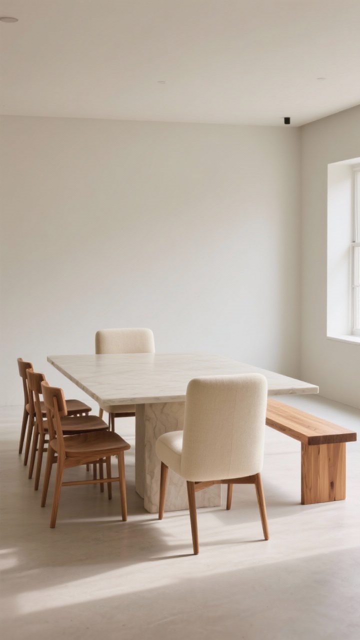 Medium shot: Mix-and-match seating around a rectangular table—two upholstered end chairs in soft cream at the heads and simple wooden side chairs in a similar warm wood tone along the sides; a slim wood bench on one side to open up the room visually; consistent seat heights and a calm palette; soft daylight, front three-quarter angle highlighting the collected yet cohesive look.