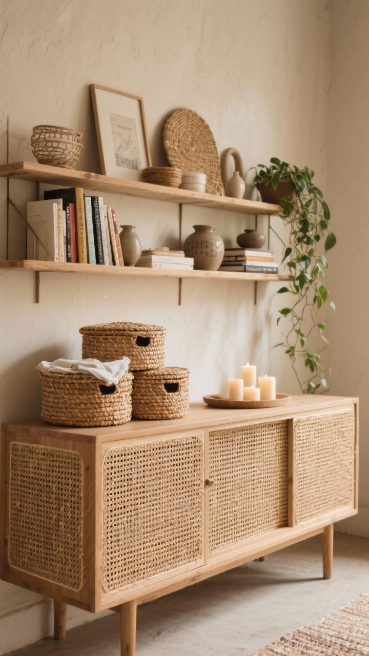 Medium shot: Natural storage as decor—cane-front rattan sideboard against a neutral wall, stacked woven lidded baskets on top for napkins and candles, open shelves styled with a mix of books, ceramics, and a trailing plant; gentle warm lighting for an organized yet cozy boho aesthetic.