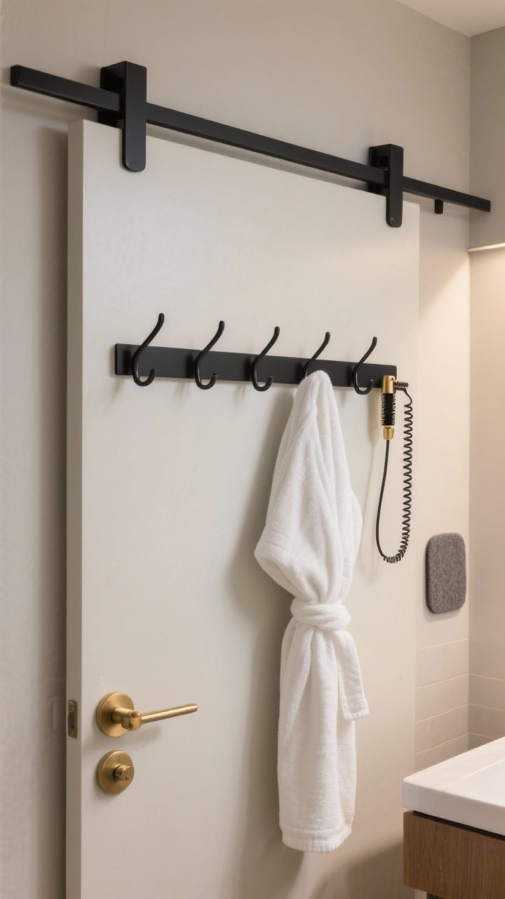 Medium shot of a bathroom door outfitted with a modern over-the-door rack in matte black, slim and streamlined; staggered-height hooks hold a white robe, towel, and a looped cord hair tool; brass fixtures in the room coordinate; felt pads subtly visible preventing rattling; neutral wall tones and soft ambient lighting for a chic, not-dorm look.