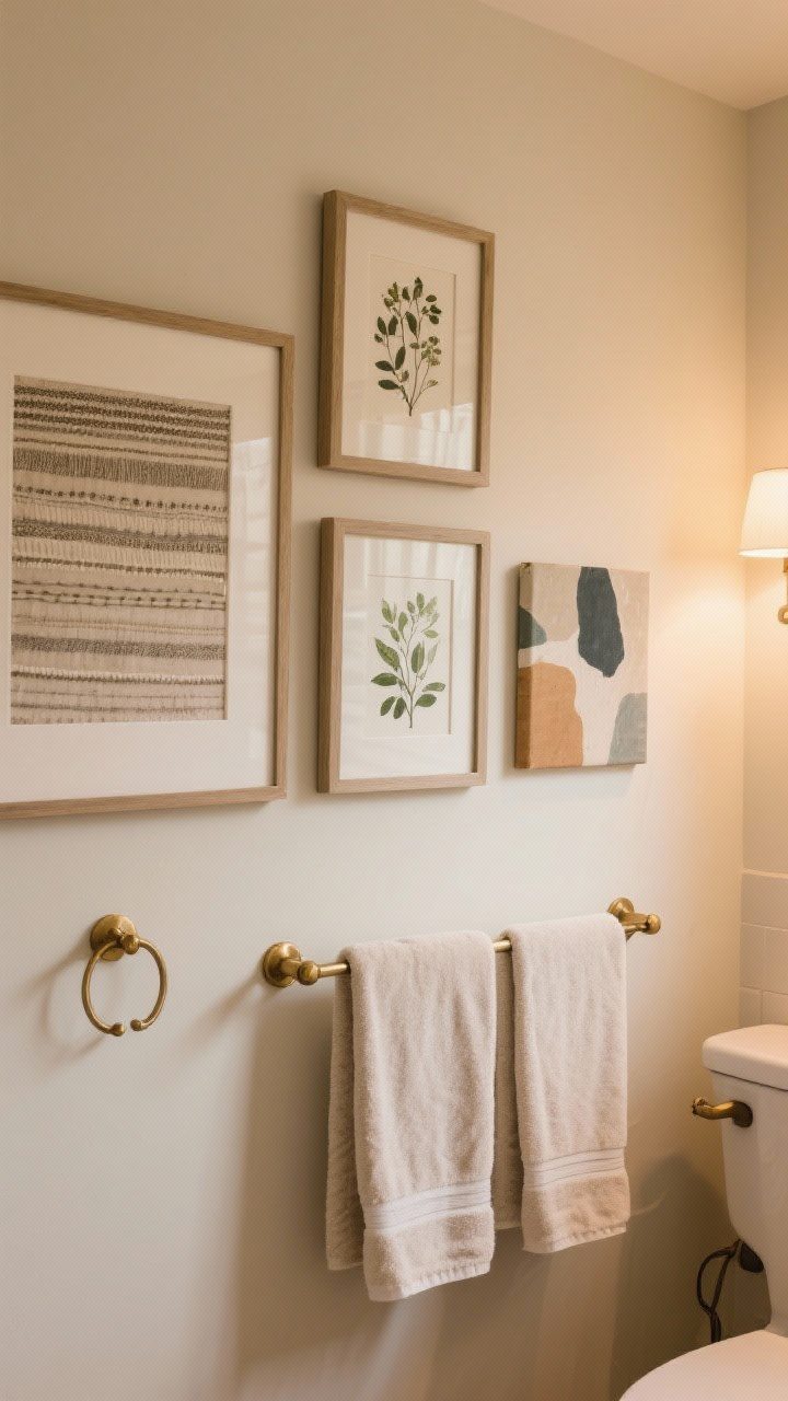 Medium shot of a bathroom gallery wall over towel rack: framed textiles and botanical prints in sealed frames, plus a small abstract canvas varnished for humidity resistance; neutral towels below, creamy wall, brass hook hardware; warm ambient lighting adds cozy feel; no people.