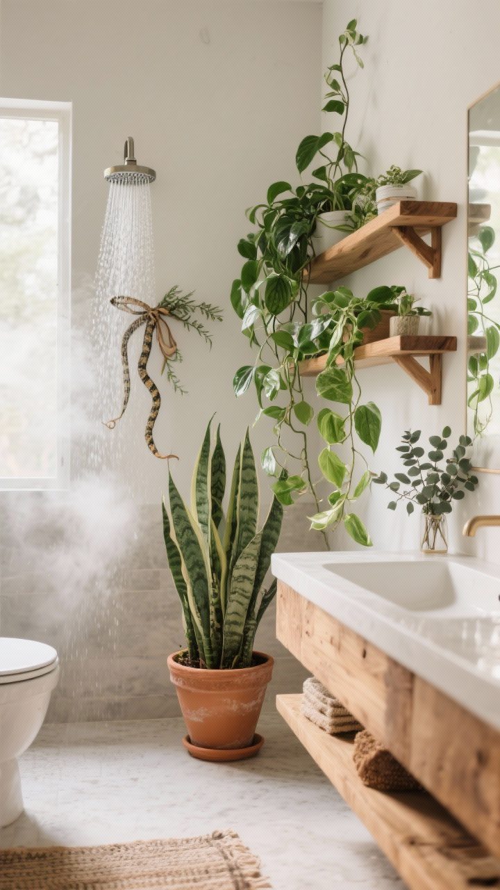 Medium shot of a boho bathroom corner with lush greenery: pothos and philodendron trailing from open wood shelves, a snake plant in a terracotta pot anchored on the floor beside the vanity, and fresh eucalyptus tied and hung over a rainfall shower head; light, airy space with steam-softened morning light; neutral walls and natural wood accents; no people.