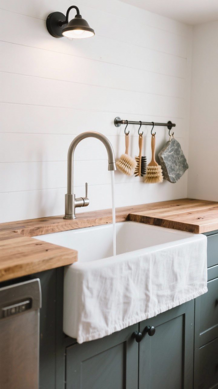 Medium shot of a deep white apron-front farmhouse sink set in butcher-block counters, paired with a high-arc pull-down faucet; nearby wood-and-metal hook rail holding brushes and scrubbers; soapstone accents visible, white walls, and practical work zone lighting with a welcoming, functional vibe.