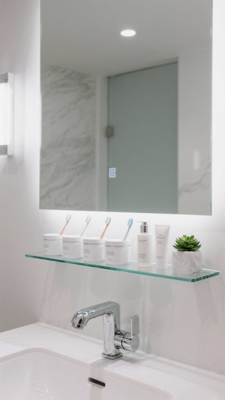 Medium shot of a frameless mirror with a shallow ledge shelf below (3–4 inches deep); uniform containers line the ledge holding toothbrushes, lotions, and a tiny green plant; chrome faucet below, glass and metal show subtle water-spot sheen; streamlined, boutique feel with cool white task lighting.