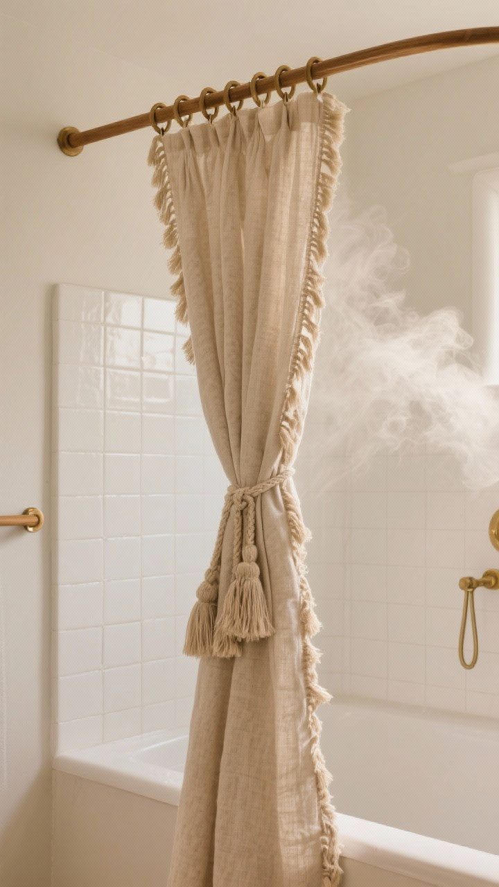 Medium shot of a luxe shower curtain upgrade: linen outer curtain in natural flax with tassel trim, layered over a crisp waterproof liner; brass or wooden rings along a curved rod; subtle steam in air, clean white tile shower surround; warm, inviting lighting; no people.