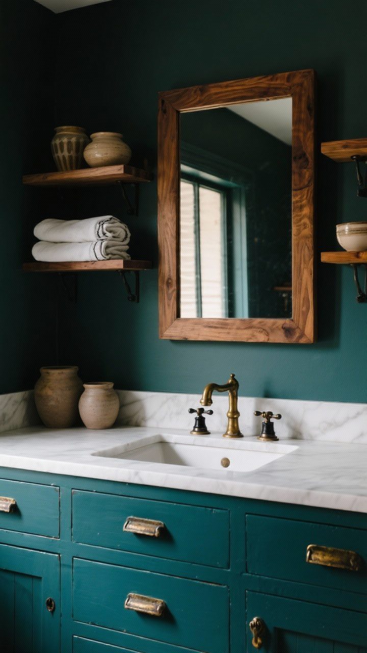 Medium shot of a moody bathroom vignette featuring a deep teal painted vanity with aged brass pulls, a natural walnut framed mirror above, open oak shelves with hand-thrown pottery and folded linen, and mixed metals: aged brass faucet with a few black hardware accents; warm, cozy lighting that enhances the teal’s depth and wood grain.