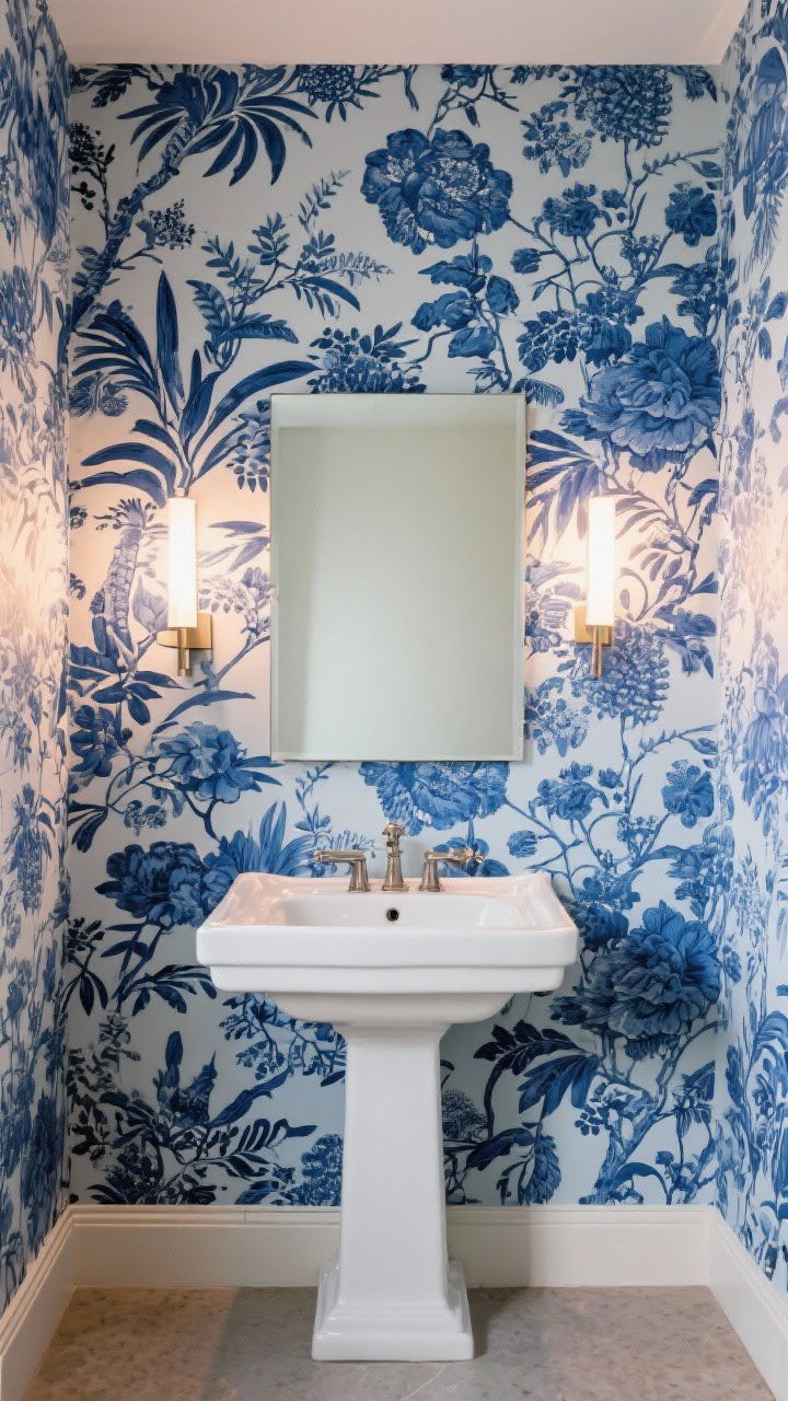 Medium shot of a powder room wrapped in blue wallpaper with a bold chinoiserie botanical pattern (large-scale for a modern vibe), moisture-resistant finish; a simple frameless mirror and minimalist sconce lights to avoid visual clutter, white pedestal sink and trim to ground the print, even warm lighting accentuating the pattern.