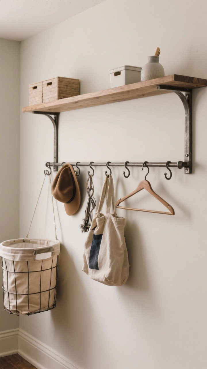 Medium shot of a Shaker peg rail across a laundry wall with metal hooks and S-hooks holding hats, bags, and stray hangers; a slim wood shelf above the rail with small bins and simple decor; a collapsible hamper hanging at one end; neutral backdrop and practical, tidy arrangement.