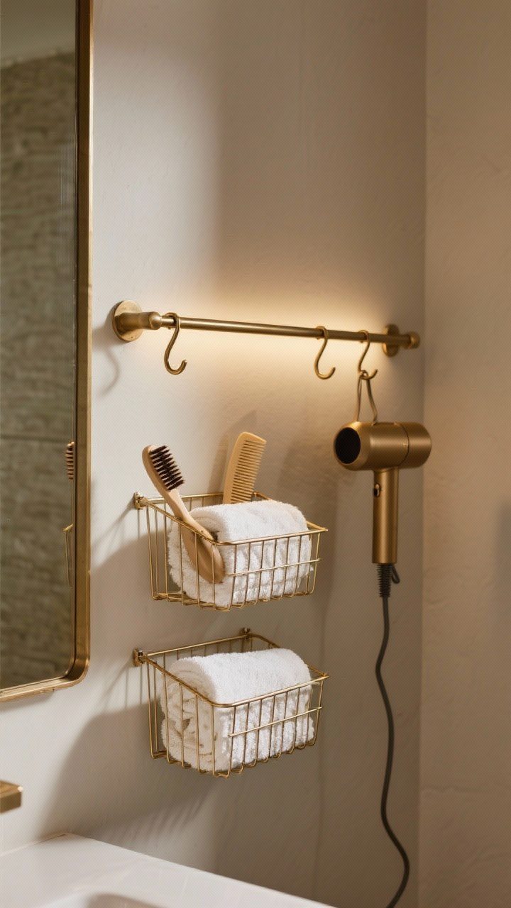 Medium shot of a slim metal rail installed under a bathroom mirror along a narrow wall, finished in brushed brass; wire baskets clipped on hold brushes and folded washcloths, S-hooks suspend a hair dryer and combs; cohesive single-finish look, heat-safe tools cooling while hanging; warm task lighting enhances the curated vibe.