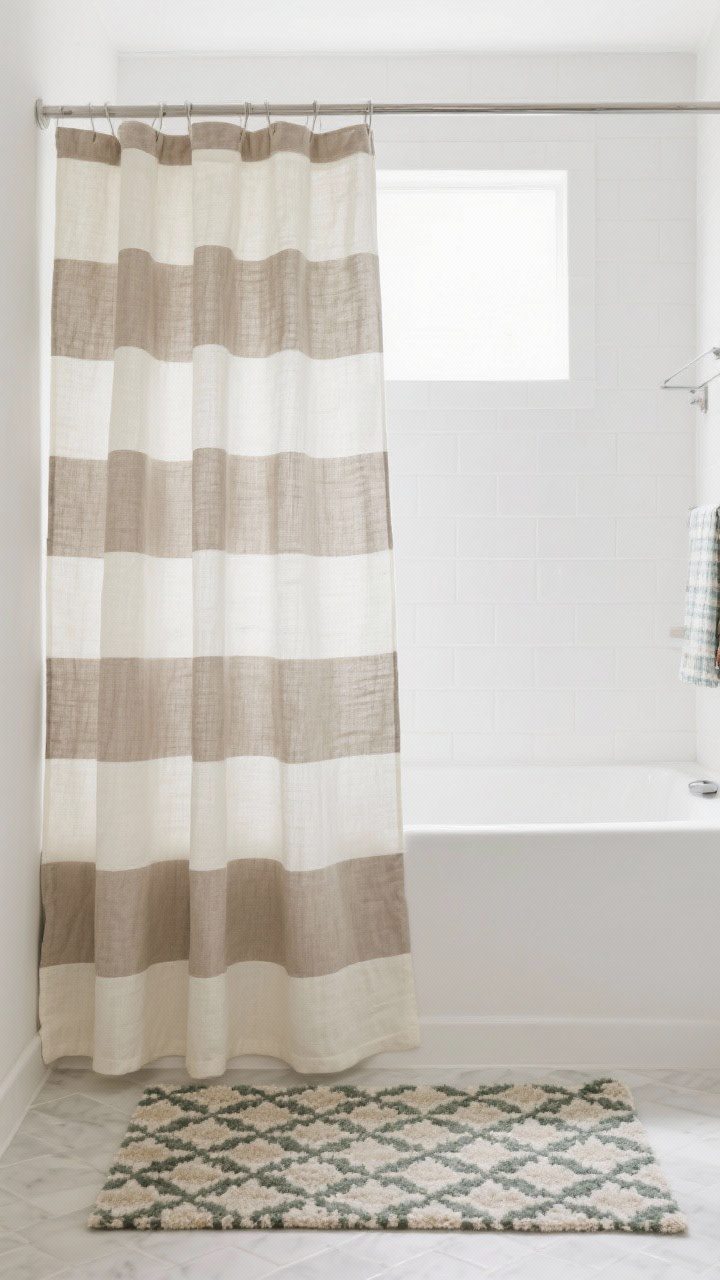 Medium shot of balanced pattern play: striped linen shower curtain in neutral taupe and cream paired with a small-scale patterned rug in coordinating tones; cohesive palette of 3–4 colors (cream, sand, sage, charcoal); simple white tile backdrop; bright, natural lighting; no people.