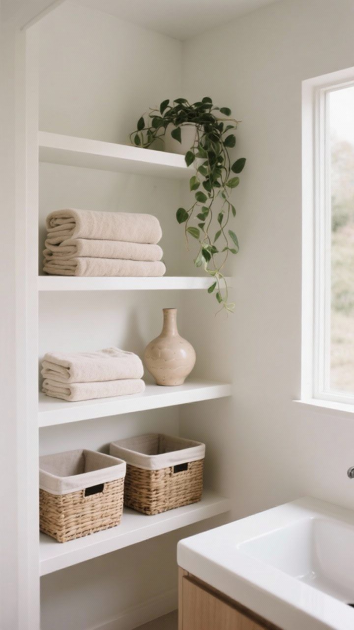 Medium shot of open bathroom shelving styled intentionally: top shelf with neatly stacked neutral towels, a trailing plant, and one sculptural ceramic object; lower shelves fitted with lidded baskets for hidden storage; visible negative space for airy feel; bright, natural light from the side; no people.