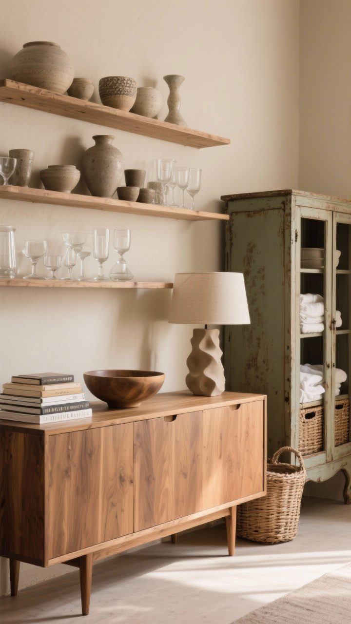 Medium shot: Smart storage as decor—a slim oak sideboard with a small table lamp, a stack of books, and a sculptural bowl on top; open shelves above display a mix of functional stoneware and decorative glassware; a vintage cabinet nearby with baskets inside for linens; warm neutral palette and soft afternoon light; three-quarter angle showing practicality and style.