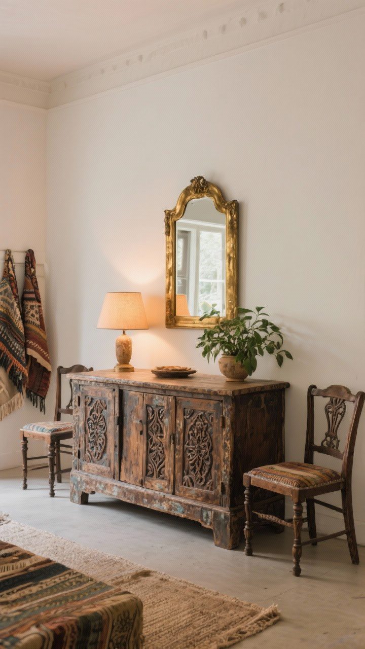 Medium shot: Vintage touch—an aged carved wood sideboard with patina, a slightly tarnished aged brass mirror above it, and a pair of antique chairs flanking; balanced with newer boho textiles and a plant so it feels eclectic, not time capsule; warm lamp light creating depth and character.