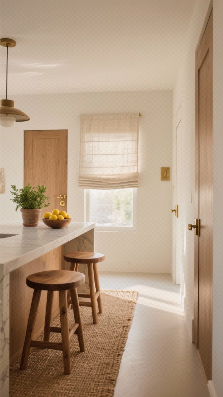 Medium shot: Warm natural accents in a minimalist setting—wood stools at the island, a jute runner grounding the floor, and a linen Roman shade filtering light; hardware in brushed brass on a few select doors, with a single potted herb and a bowl of lemons adding purposeful color; soft warm illumination.