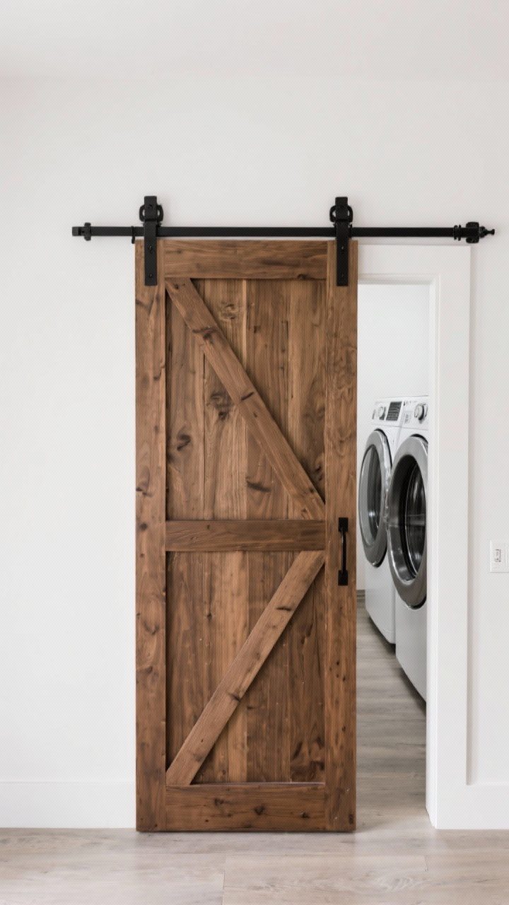 Medium straight-on shot of a sliding barn door with simple slab and cross-bracing, matte black hardware and soft-close track; stained to match other wood accents, contrasted against a white wall; show clear wall space for the door to slide open, revealing a hint of the laundry beyond.