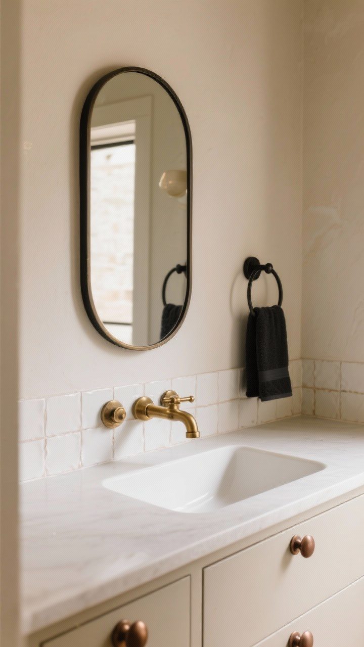 Medium, straight-on vanity shot showcasing mixed metals: dominant brushed brass faucet and mirror frame paired with matte black towel hooks and oil-rubbed bronze cabinet pulls; cohesive rounded shapes throughout; creamy wall, white sink, subtle zellige-style backsplash; balanced, soft ambient lighting emphasizing the laid-back elegance; no people.