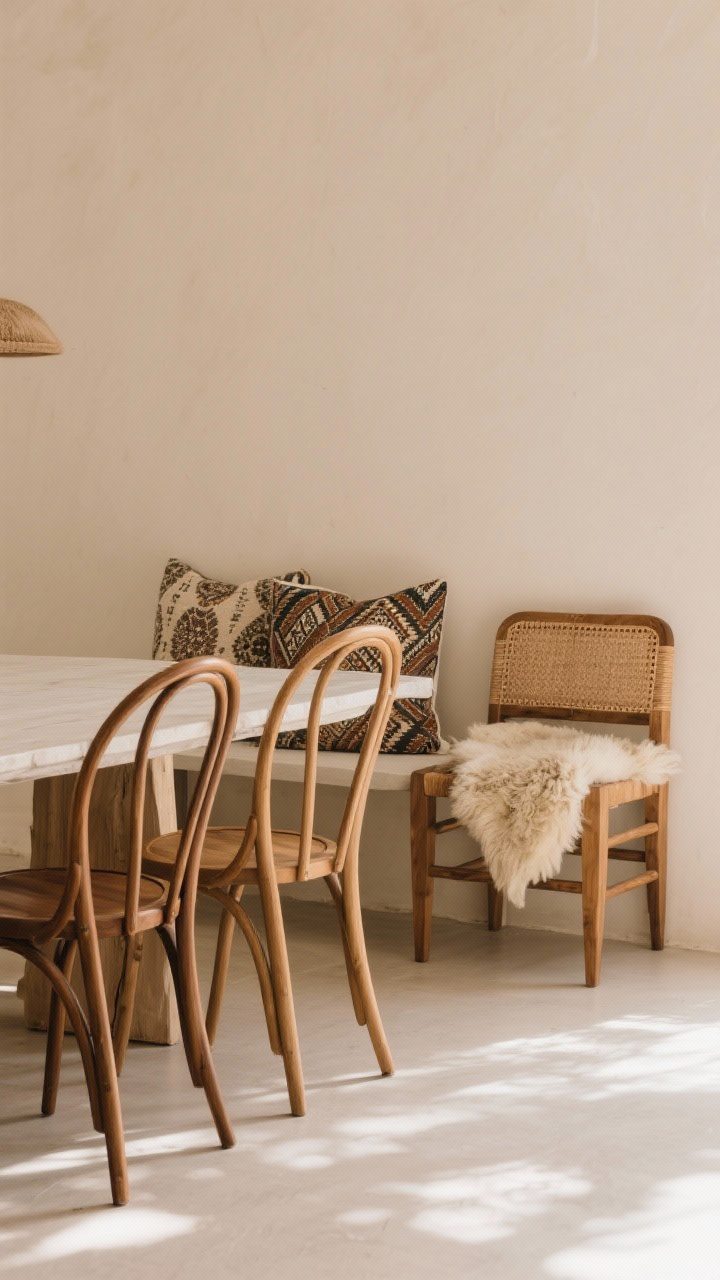 Medium-wide shot: Mix-and-match dining chairs—pair bentwood chairs with a simple bench on one side and a couple of woven-seat chairs, unified by a consistent wood tone; add patterned cushions and a draped sheepskin for cohesion; neutral walls, soft warm light, and a relaxed, curated boho vibe.