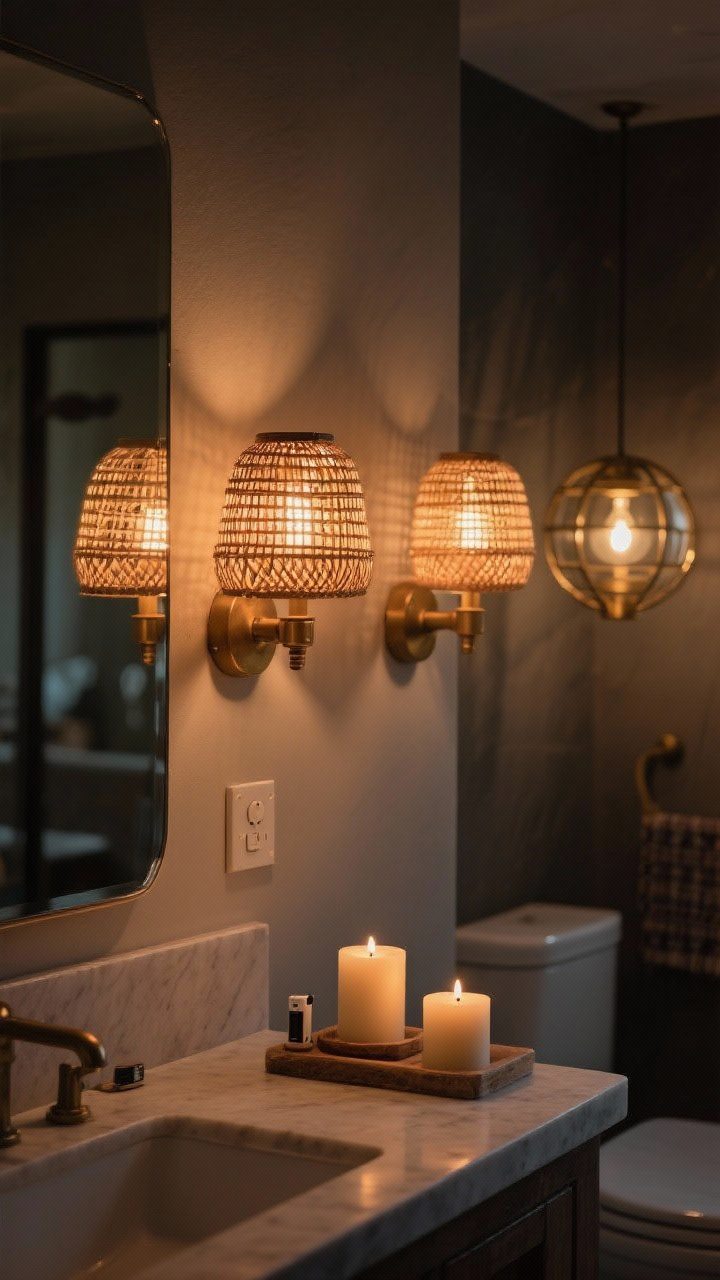 Moody closeup of boho bathroom lighting: warm-toned sconces with woven shades flanking a mirror, a small lamp glowing on the vanity, and battery-powered candles on a ledge; all bulbs at 2700K with a visible dimmer switch; brass globe accent light in background; low, cozy evening ambiance; no people.