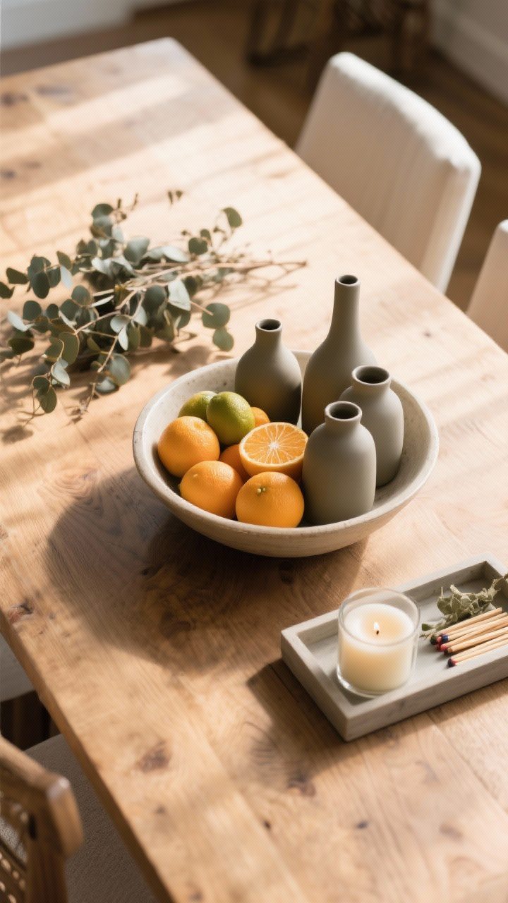 Overhead detail of centerpiece: Effortlessly low centerpiece on a wood dining table—a shallow bowl filled with fresh citrus, a cluster of small matte ceramic vases, and dried eucalyptus on a simple tray to corral candles and matches; low profile for clear sightlines; late afternoon warm light.