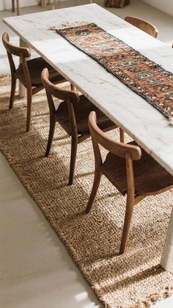 Overhead detail shot: Layered rugs beneath a dining setup—a large jute base rug sized so pulled-out chair legs remain on it, topped with a smaller vintage kilim runner under a narrow table; show patina and wear as part of the charm; diffused daylight raking across the fibers to emphasize texture.