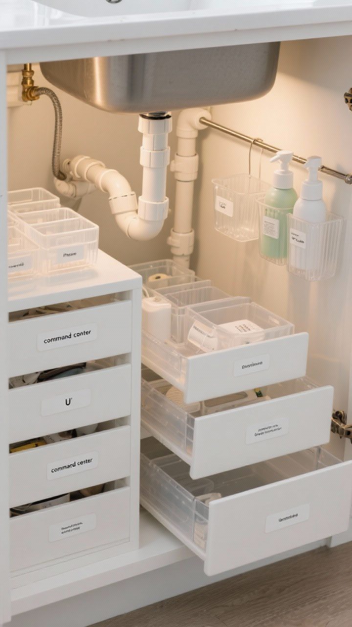 Overhead detail shot of an under-sink vanity “command center”: stackable drawers and clear bins arranged around plumbing with U-shaped bins wrapping the pipes; a tension rod suspends spray bottles; fronts labeled cleanly; leak-prone items corralled in plastic trays; crisp organization under soft cabinet lighting.