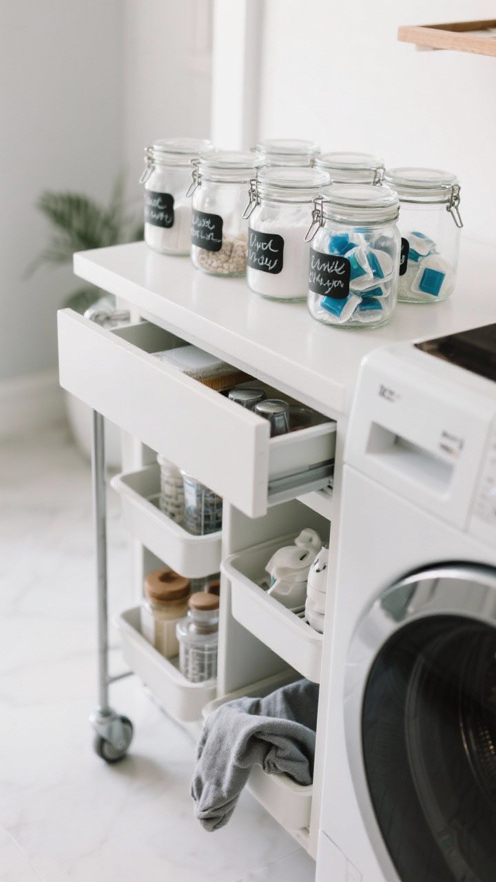 Overhead detail shot of glass jars with airtight lids neatly decanting detergent pods and powders, labeled with chalk-pen script; a slim rolling cart tucked between machines holding supplies; glimpse of a slide-out tray under an appliance catching a stray sock; clean white surface and organized, accessible storage.