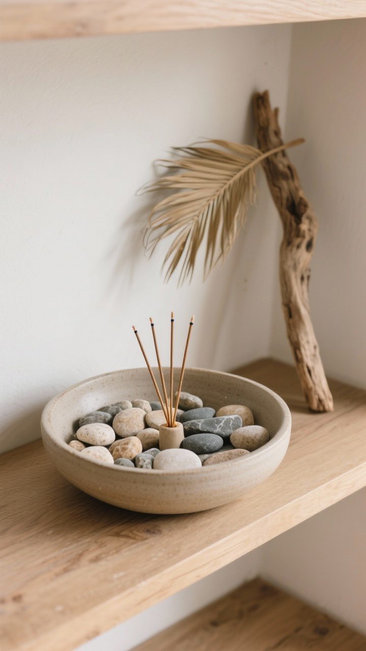 Overhead detail shot of natural finds vignette: shallow ceramic bowl filled with smooth beach pebbles and incense sticks on a wood shelf; a single dried palm frond leaning in the corner of the frame; driftwood piece subtly placed; curated, minimal arrangement with soft daylight; no people.