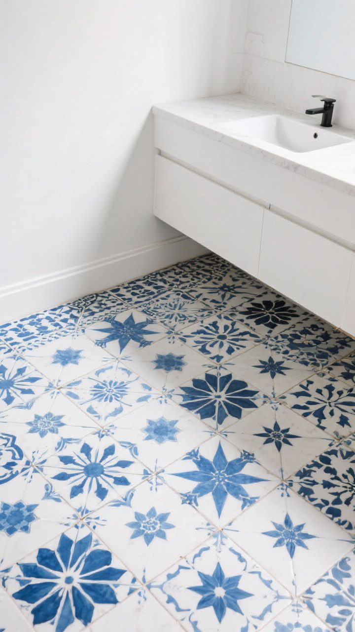 Overhead detail shot of patterned blue-and-white floor tiles in a Moroccan star and floral mix, medium-to-large scale motifs for a modern feel, crisp edges and matte finish; surrounding elements minimal with neutral white walls and a pared-back white vanity toe-kick barely visible, emphasizing the floor as the statement “rug.”
