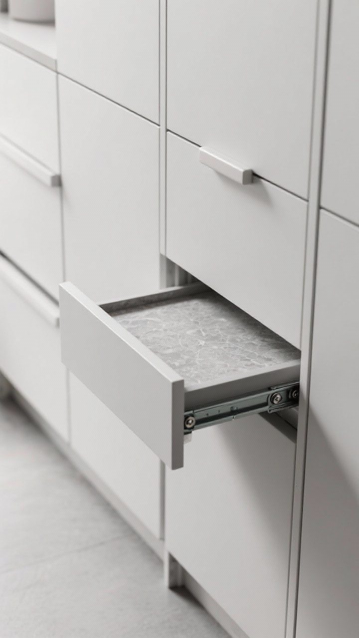 Photorealistic closeup/detail shot of a pull-out folding station: a slim laminate or stone offcut shelf at waist height gliding out on ball-bearing drawer slides from a narrow cabinet beside the stacked units. Hidden handle with a recessed finger pull keeps the face sleek; water-resistant, easy-wipe surface with subtle texture. Neutral cabinetry in soft gray or white, crisp shadows, and clean reflections. Tight composition emphasizing the mechanics and finish quality, side angle.
