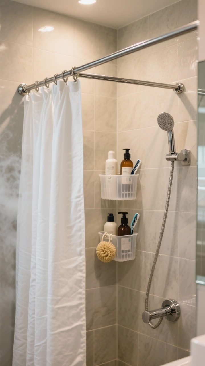 Photorealistic closeup of a shower interior featuring two tension rods: the front holds a white fabric curtain, while a second stainless-steel rod inside supports waterproof plastic clip-on baskets with shampoo, razors, and a loofah; heavier bottles are clipped nearer the tiled wall for balance; steam-kissed glass, chrome fixtures, and diffused warm bathroom lighting.