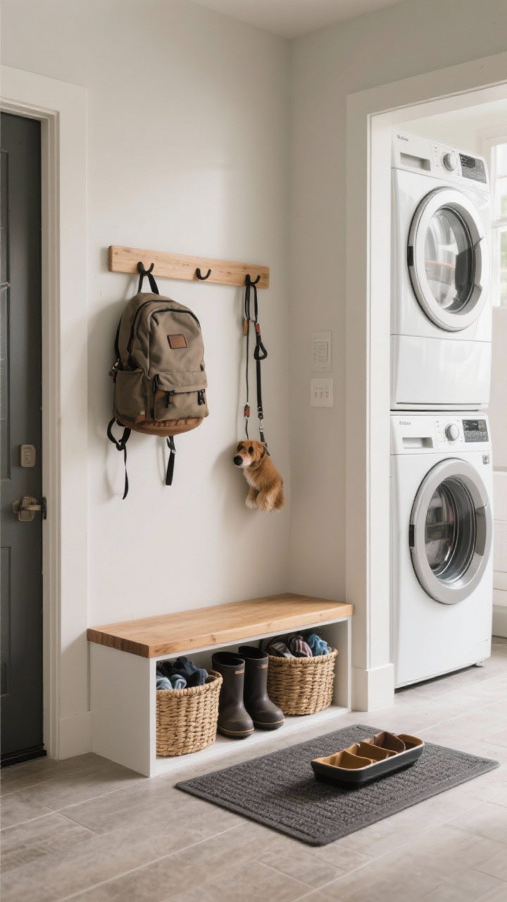 Photorealistic medium shot of a micro mudroom moment next to a stacked laundry set: two-height wall hooks (upper for backpacks, lower for dog leashes), a narrow 12–14 inch deep cubby bench with baskets for shoes and lost socks, and a boot tray or washable mat on the floor. Calm, organized look with natural wood bench, woven baskets, neutral walls, and durable flooring. Gentle daylight, slight corner angle, focus on the functional footprint that prevents clutter.