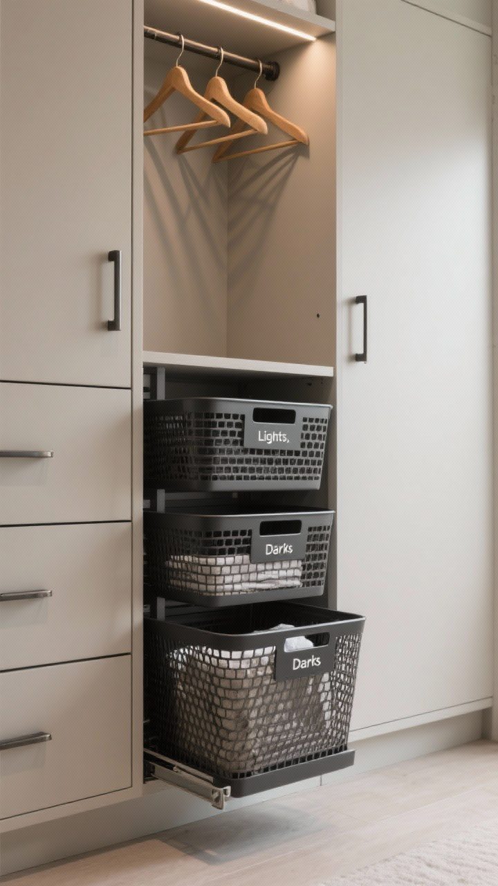 Photorealistic medium shot of a slide-out hamper tower beside or under a stacked set: triple-bin pull-out with ventilated baskets labeled Lights, Darks, Towels; smooth hardware; a top rail for hangers with a few empty wood hangers ready. Neutral cabinetry, matte black or brushed nickel pulls, and breathable mesh or perforated metal bins. Clean, practical mood with soft task lighting; three-quarter angle to show the tower partially extended.