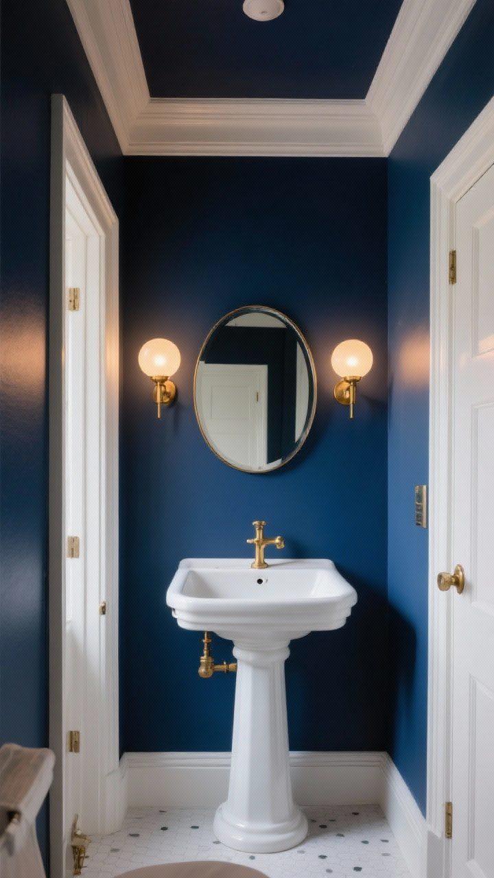 Photorealistic medium shot of a small bathroom with rich navy blue walls and ceiling for a jewel-box effect, crisp white trim and door, a round oversized mirror above a simple white pedestal sink, warm brass hardware and brushed gold faucet, and twin globe sconces casting a warm 2700–3000K glow against the dark walls; subtle reflections, clean lines, no people, elegant and cozy mood.