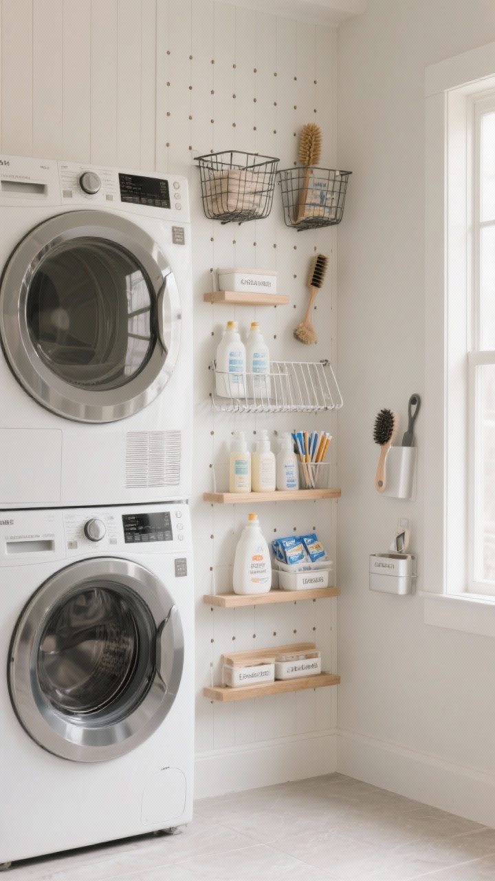 Photorealistic medium shot of a stacked washer and dryer with a slim utility wall beside them: a full-height painted-to-match-the-walls pegboard in a soft neutral (warm white), holding wire baskets, brushes, and a fold-out drying rack; narrow 6–8 inch deep shelves with neatly labeled neutral bottles for detergents, stain sticks, and dryer sheets; magnetic side caddies on the exposed machine for lint brush and scoopers. Clean labels, muted palette of whites, soft gray, and light wood, minimal clutter. Soft, even daylight from the side, straight-on angle highlighting vertical organization.