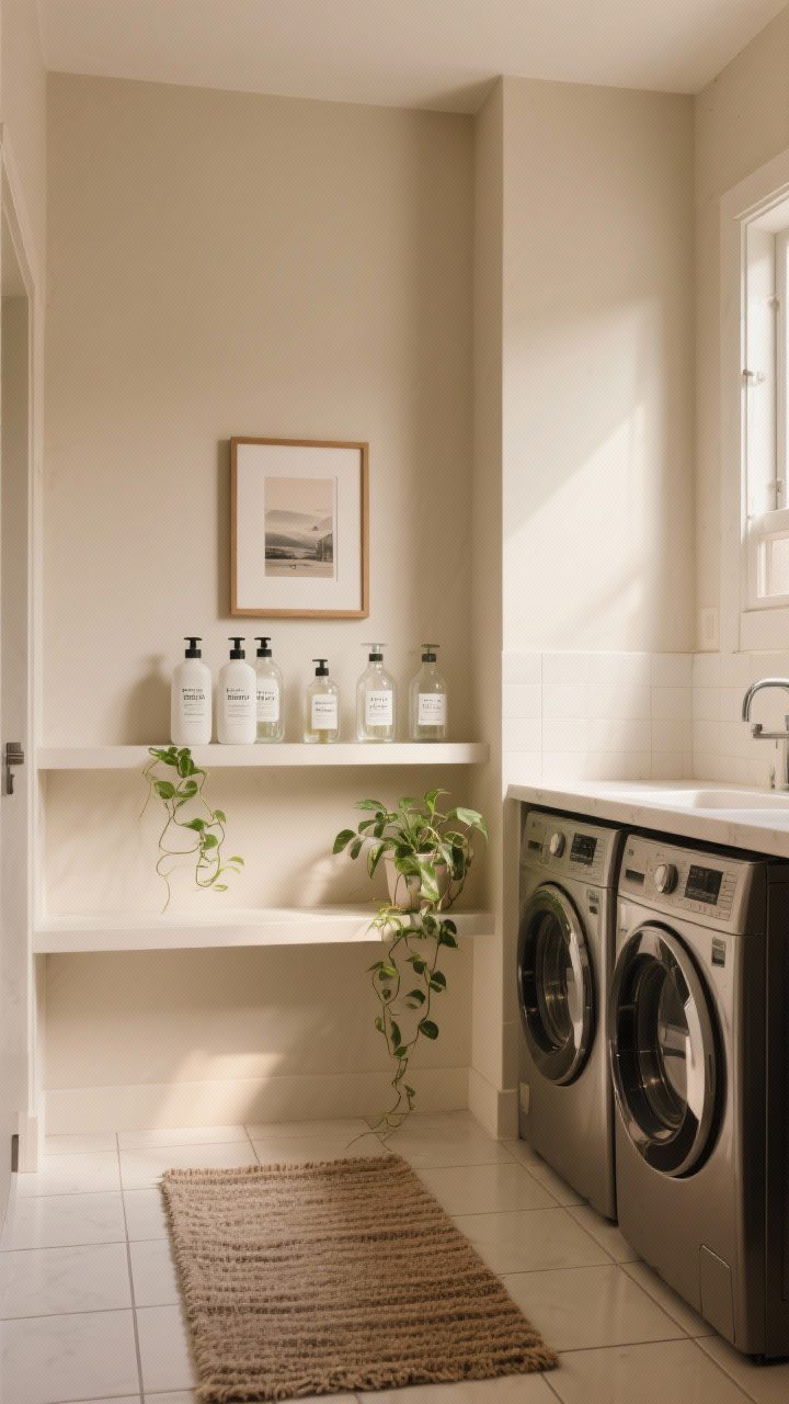 Photorealistic medium shot styled like a real room: matching matte bottles or glass containers with simple labels for detergents, a small framed print and a low-light plant (e.g., pothos) on a shelf, and a washable runner rug adding cozy texture over tile. Stacked machines nearby, clutter-free surfaces, warm-neutral color scheme. Soft, inviting ambient light with a hint of daylight, straight-on or slight corner angle to convey elevated, lived-in charm.