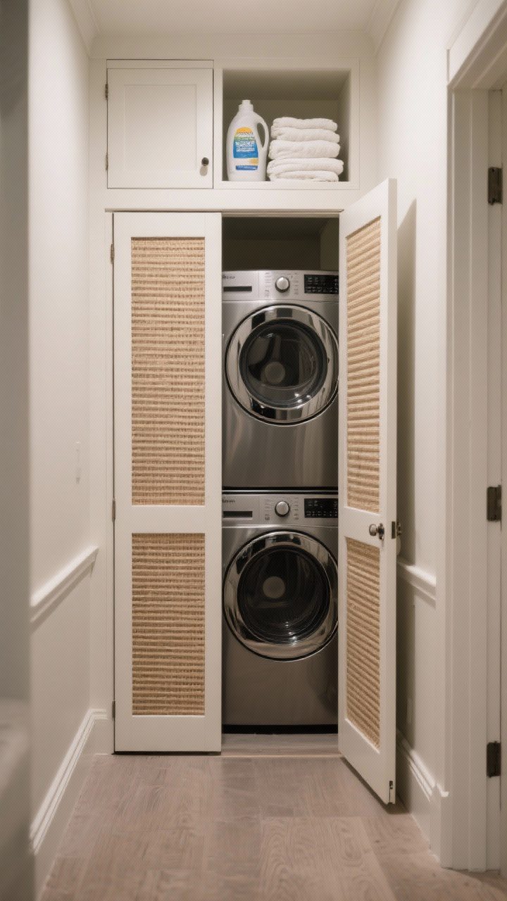 Photorealistic wide shot of a hallway closet-style laundry with stacked machines hidden behind beautiful doors: bifold pocket-style slatted cane panels painted to match the trim (warm white) for ventilation, with cabinetry run to the ceiling and a closed top cubby holding bulk detergent and folded towels. One door partially open to reveal the stack; seamless millwork lines and quiet, tidy vibe. Neutral palette, optional moody interior tone on the door interior for a subtle surprise. Soft ambient lighting, straight-on architectural perspective.