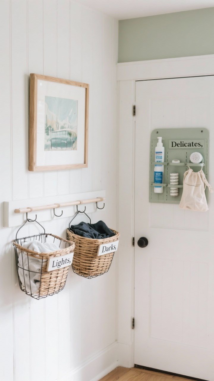 Photorealistic wide shot of a wall-centric storage laundry nook: Shaker peg rail with a framed art print above it, wire baskets on the wall labeled “Lights,” “Darks,” and “Delicates,” plus an over-door organizer holding stain removers, lint rollers, and delicate bags. Tight palette of whites, light woods, and a single accent color (muted sage), creating calm, styled harmony. Even, bright lighting; straight-on view showcasing the decorative yet functional wall.