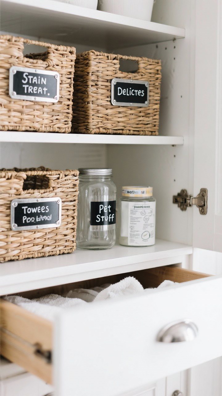 Straight-on detail shot of stylish storage labels: metal tags and enamel plaques on woven baskets and clear jars, plus crisp black-and-white decals reading Stain Treat, Delicates, Towels, Pet Stuff; include a label-maker tape on a frequently used drawer; a mini stain-removal cheat sheet taped inside a cabinet door.