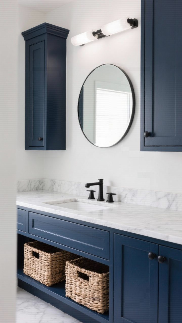 Straight-on medium shot of a two-tone vanity: deep navy base cabinetry with matte black hardware and a white Carrara marble countertop, paired with woven baskets on the lower open shelf for texture and storage; smooth cabinet-grade enamel finish visible on the doors, neutral white walls, simple round mirror, clean task lighting.